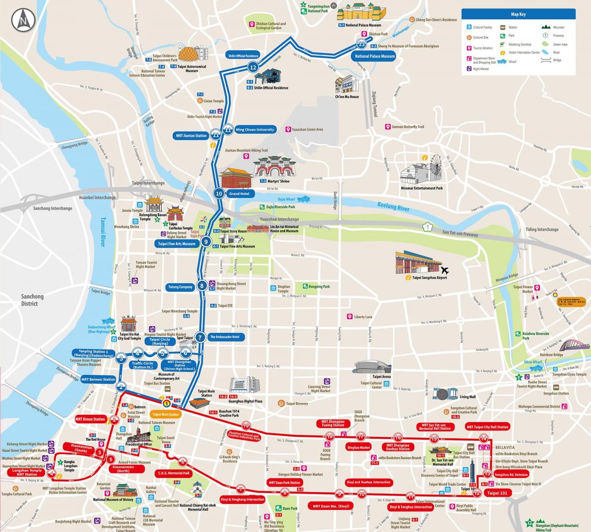 Mappa dei tour in autobus di Taipei Hop On Hop Off